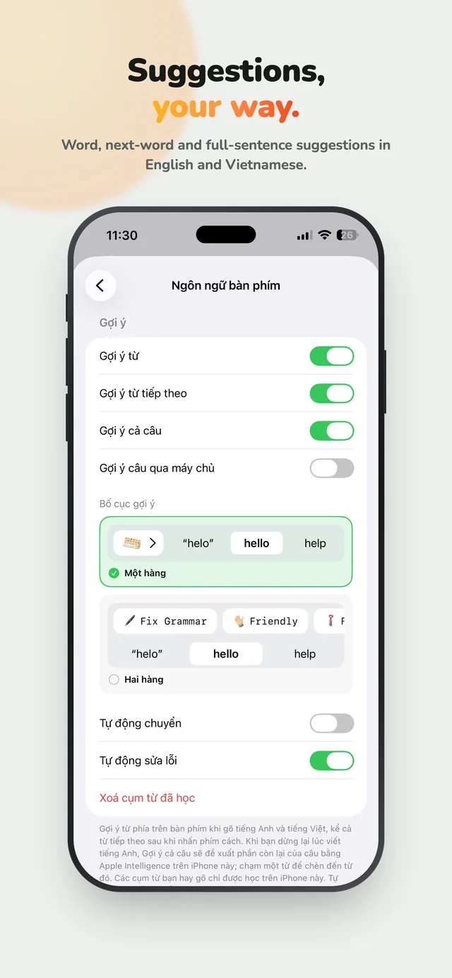 Suggestions, your way. Word, next-word and full-sentence suggestions in English and Vietnamese.