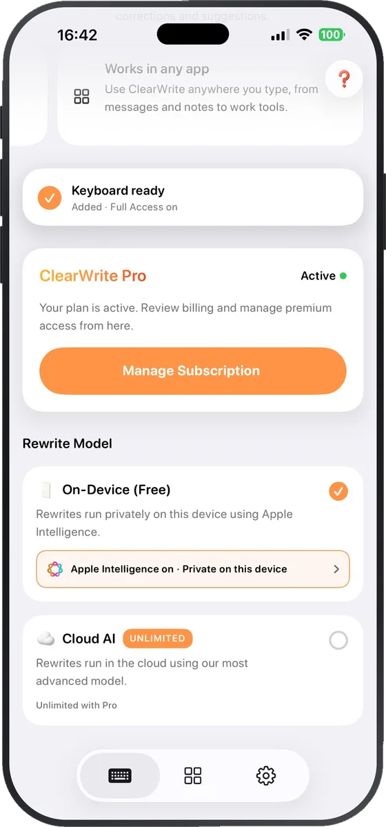 Rewrite Model settings showing On-Device with Apple Intelligence selected and an Unlimited Cloud AI option.