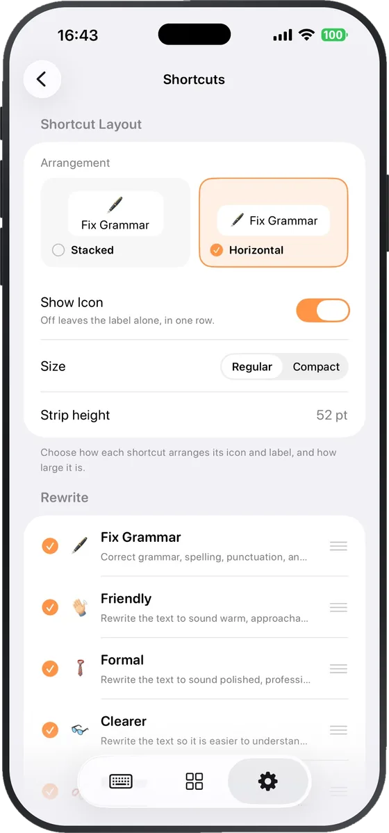 ClearWrite Shortcuts settings with a horizontal layout and a reorderable list of rewrite tones.