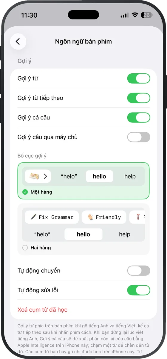 Keyboard language settings with word, next-word, and full-sentence suggestion toggles.